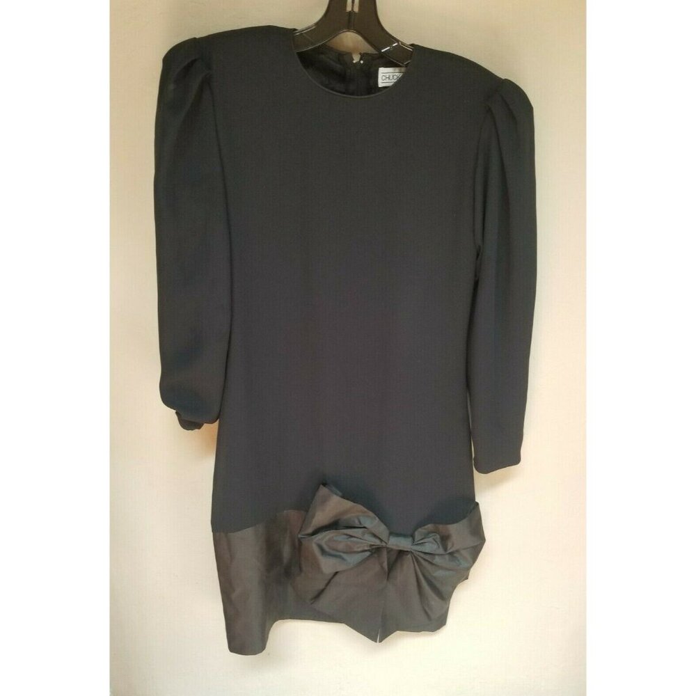 Chuck Jones Women Black Puff Sleeve Front Bow Sheath Dress Back Zip Shoulder Pad